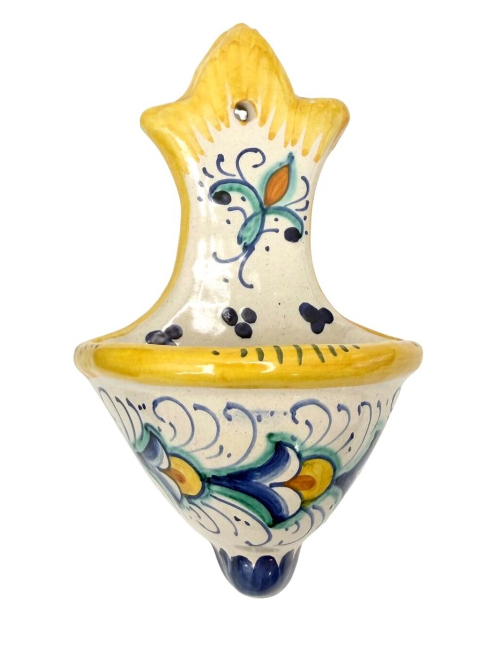 Vtg Italian Hand-Painted Ceramic Holy Water Font Wall Pocket Sconce Floral Vase